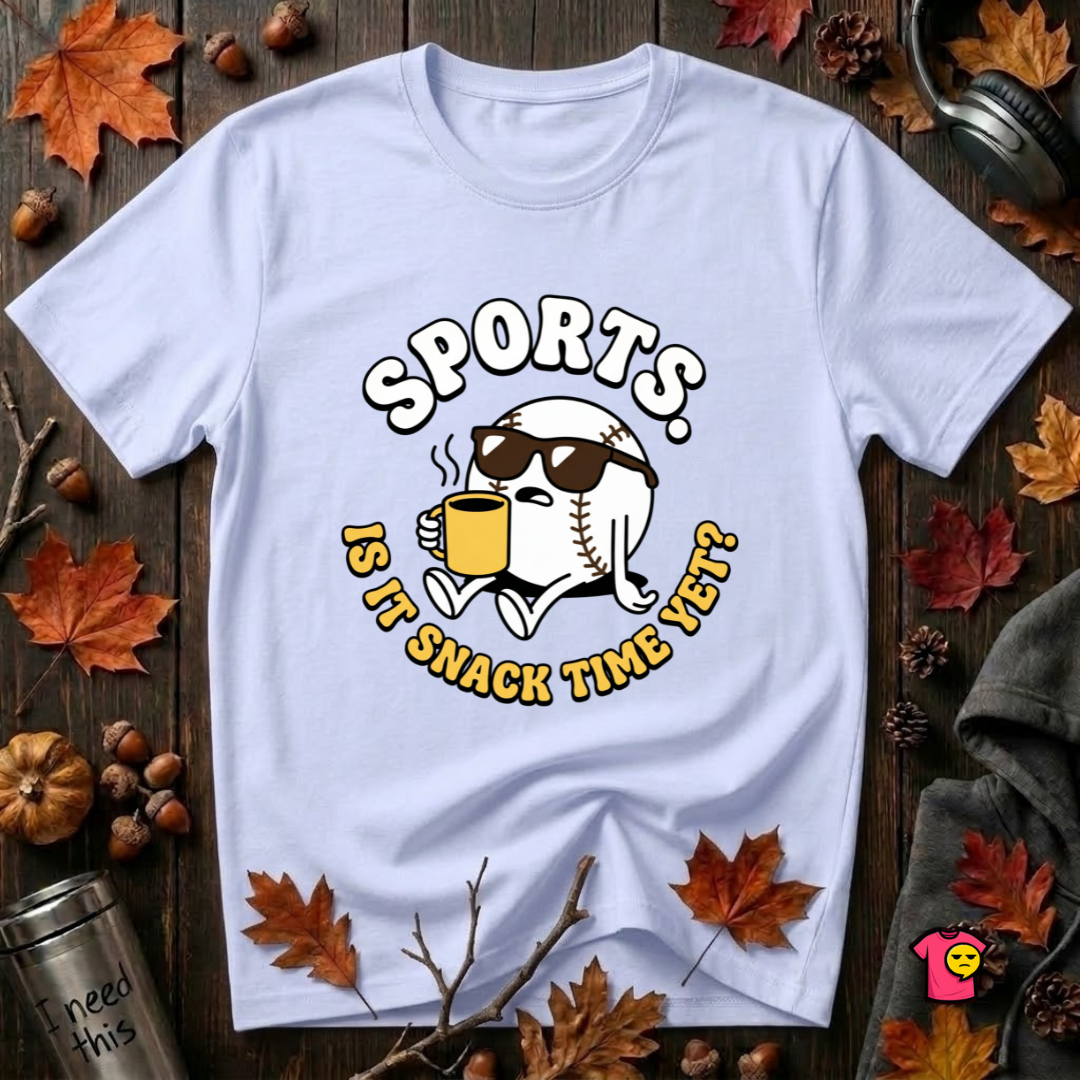 Sports. Is it Snack Time Yet? sarcastic graphic t-shirt in Ash by Snarky Sarks