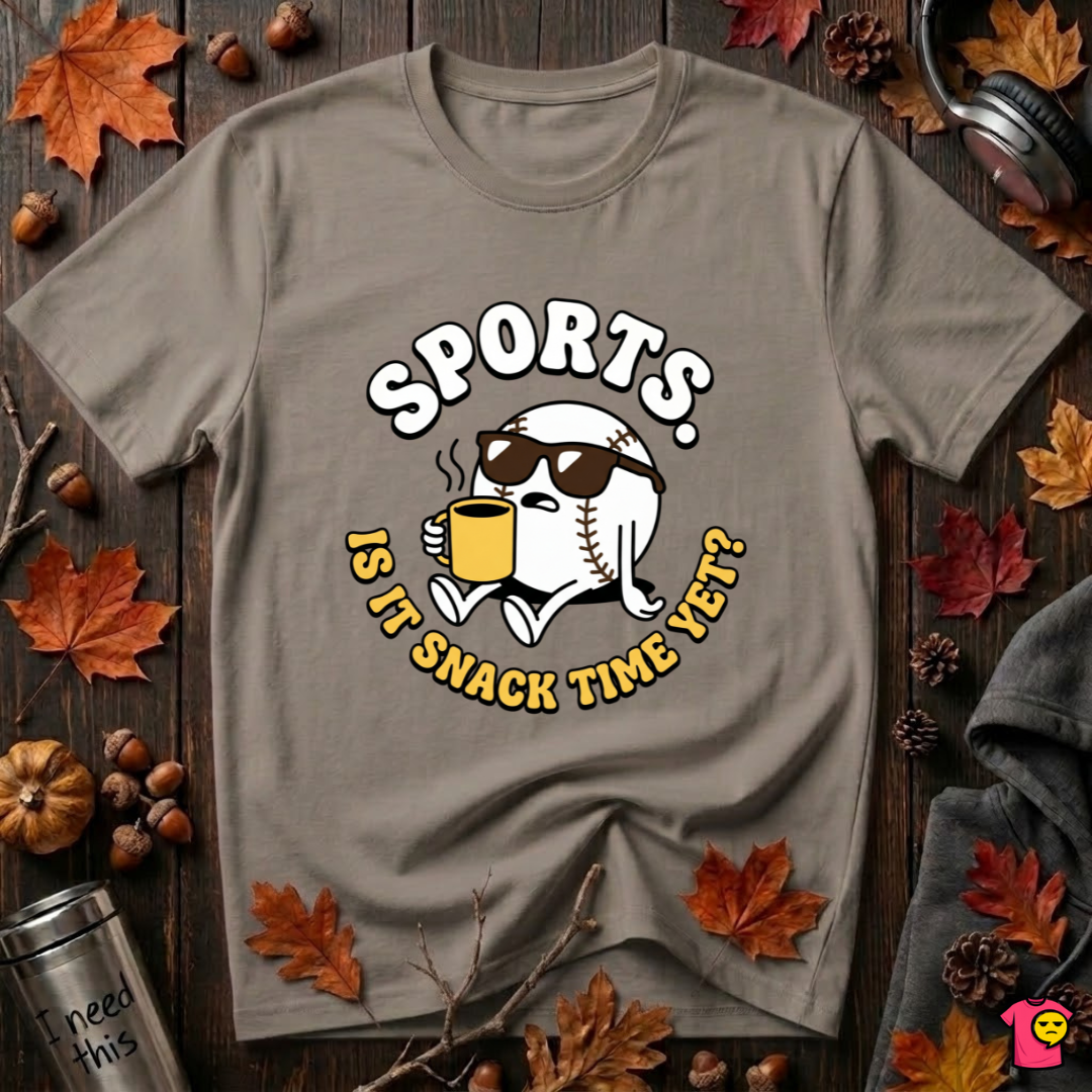 Sports. Is it Snack Time Yet? sarcastic graphic t-shirt in Asphalt by Snarky Sarks