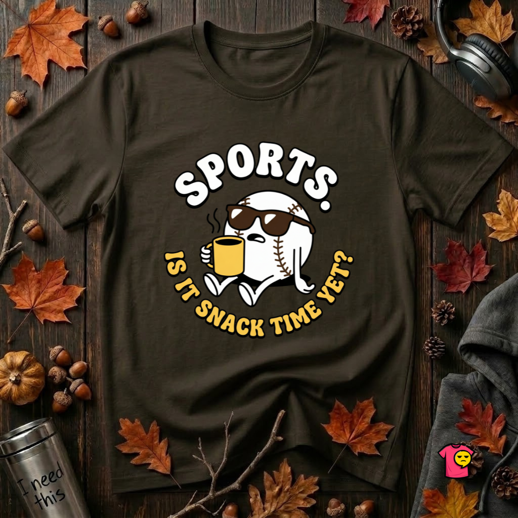 Sports. Is it Snack Time Yet? sarcastic graphic t-shirt in Black by Snarky Sarks