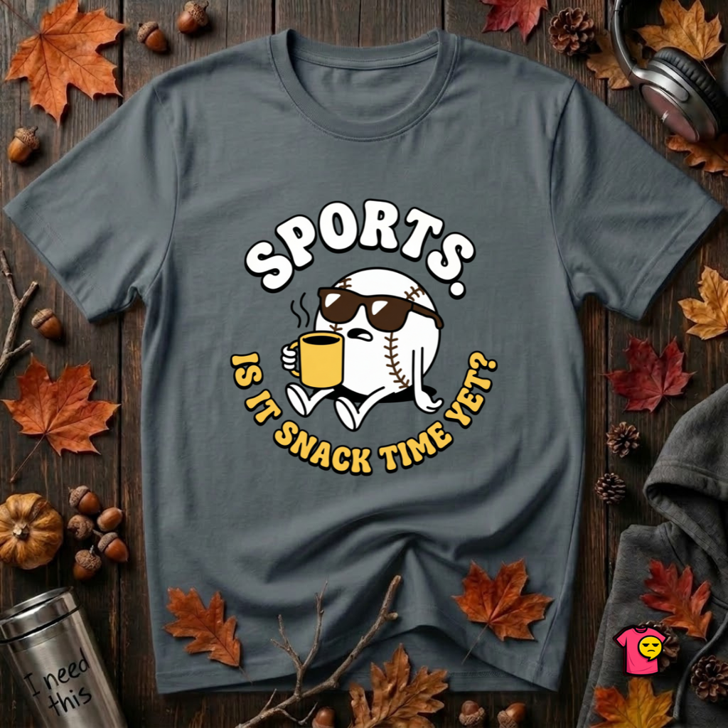 Sports. Is it Snack Time Yet? sarcastic graphic t-shirt in Dark Gray by Snarky Sarks