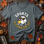 Sports. Is it Snack Time Yet? sarcastic graphic t-shirt in Dark Gray by Snarky Sarks