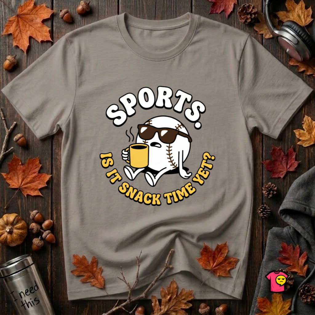 Sports. Is it Snack Time Yet? sarcastic graphic t-shirt in Deep Heather by Snarky Sarks