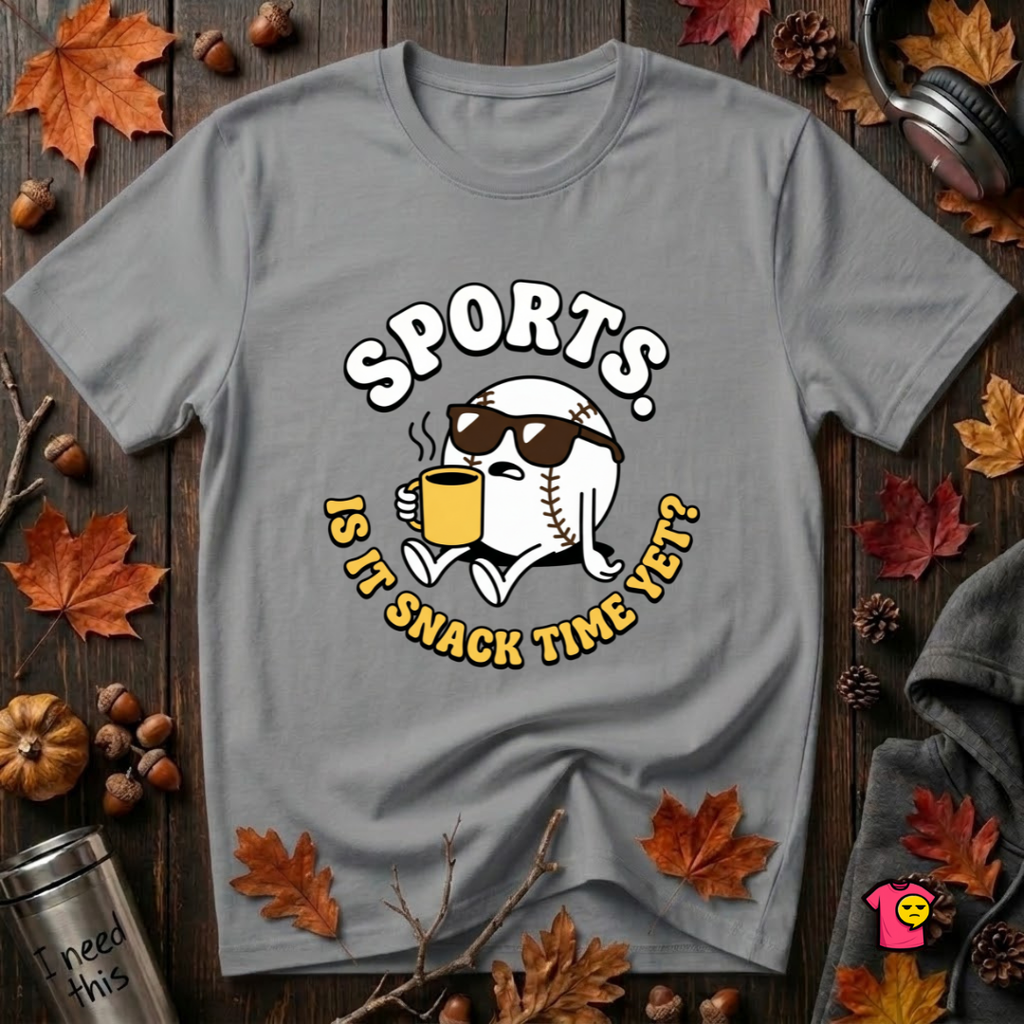 Sports. Is it Snack Time Yet? sarcastic graphic t-shirt in Heather Storm by Snarky Sarks