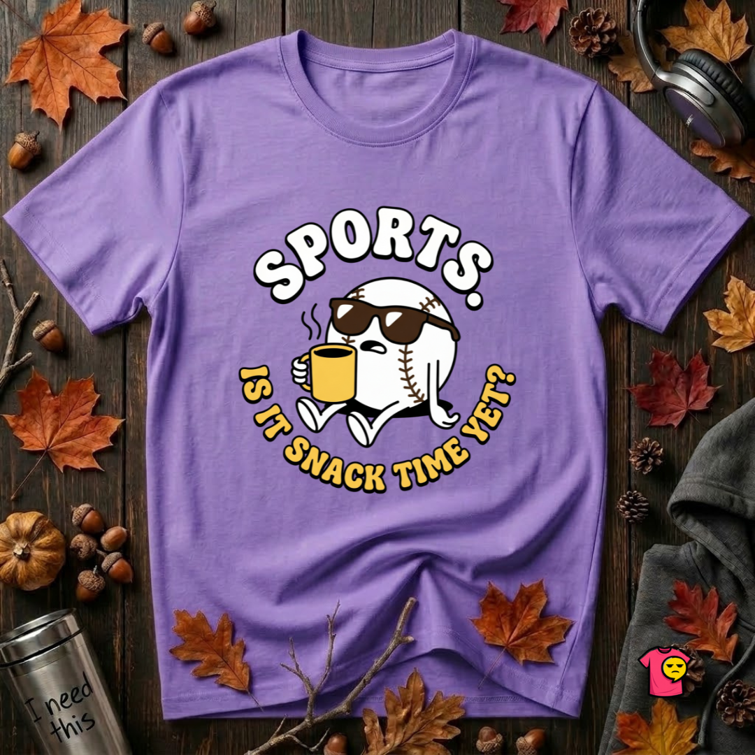 Sports. Is it Snack Time Yet? sarcastic graphic t-shirt in Heather Team Purple by Snarky Sarks