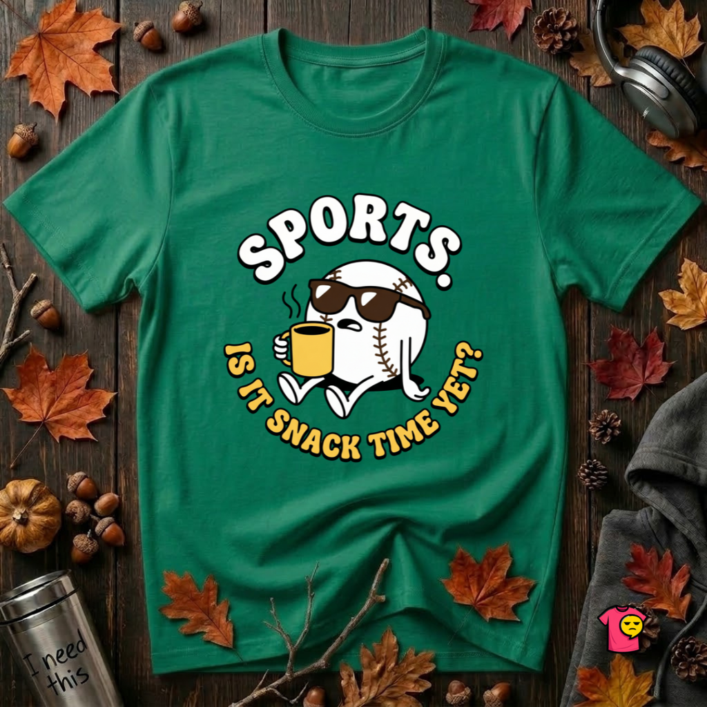 Sports. Is it Snack Time Yet? sarcastic graphic t-shirt in Kelly by Snarky Sarks