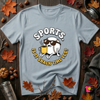 Sports. Is it Snack Time Yet? sarcastic graphic t-shirt in Light Blue by Snarky Sarks