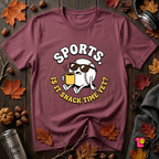 Sports. Is it Snack Time Yet? sarcastic graphic t-shirt in Maroon by Snarky Sarks