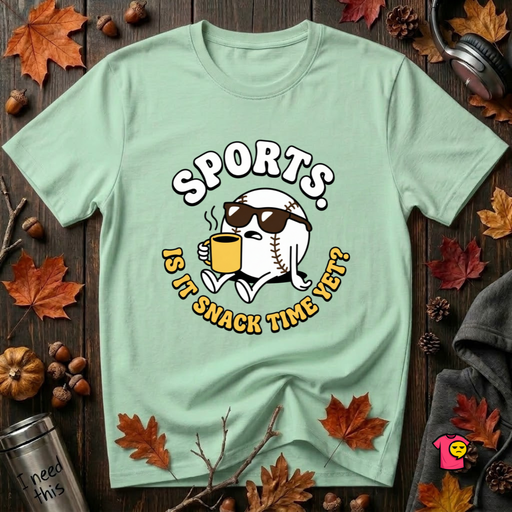 Sports. Is it Snack Time Yet? sarcastic graphic t-shirt in Mint by Snarky Sarks