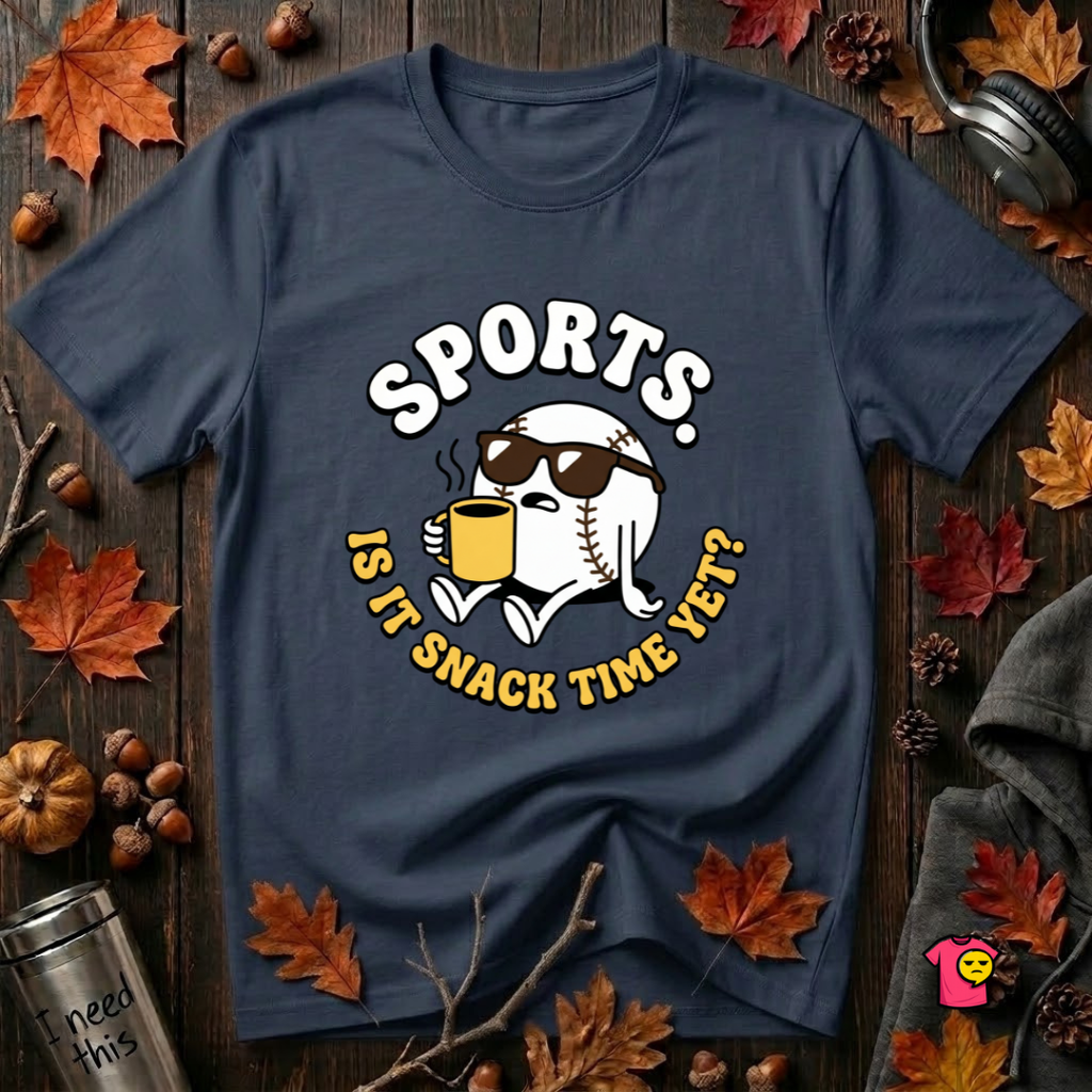 Sports. Is it Snack Time Yet? sarcastic graphic t-shirt in Navy by Snarky Sarks