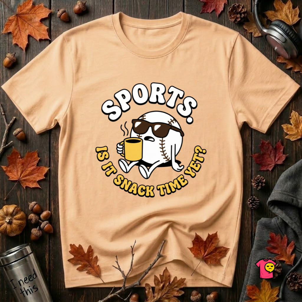 Sports. Is it Snack Time Yet? sarcastic graphic t-shirt in Peach by Snarky Sarks