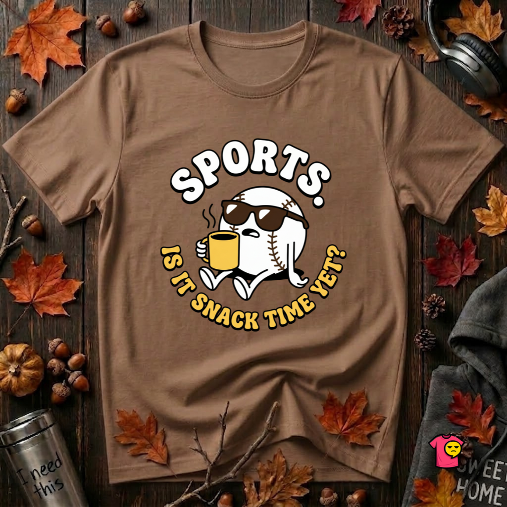Sports. Is it Snack Time Yet? sarcastic graphic t-shirt in Sand Dune by Snarky Sarks