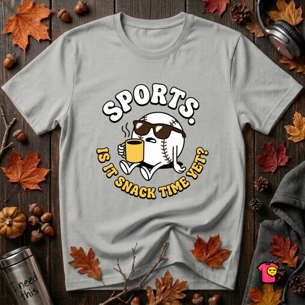 Sports. Is it Snack Time Yet? sarcastic graphic t-shirt in Silver by Snarky Sarks