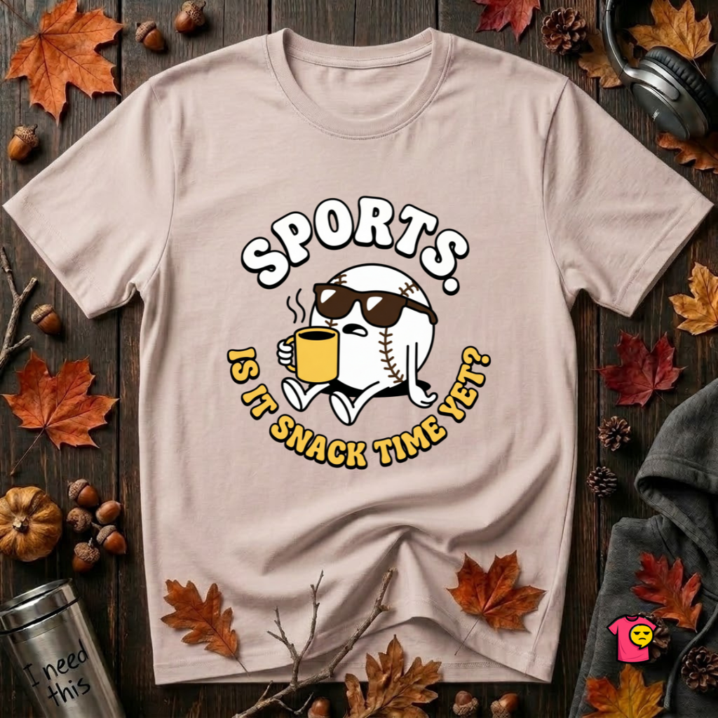 Sports. Is it Snack Time Yet? sarcastic graphic t-shirt in Soft Pink by Snarky Sarks