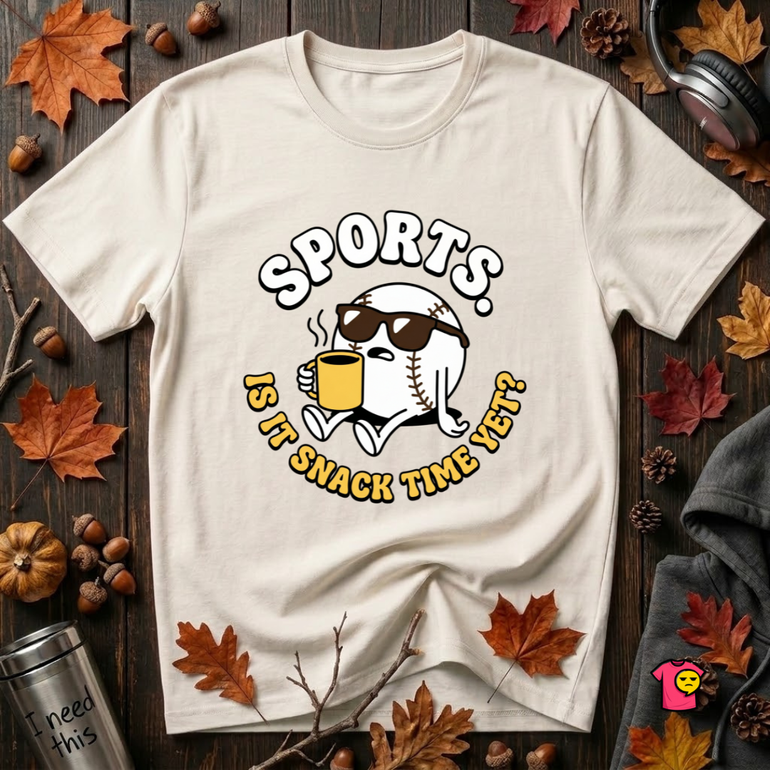 Sports. Is it Snack Time Yet? sarcastic graphic t-shirt in White by Snarky Sarks
