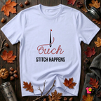 Stitch Happens sarcastic sewing graphic t-shirt in Ash by Snarky Sarks