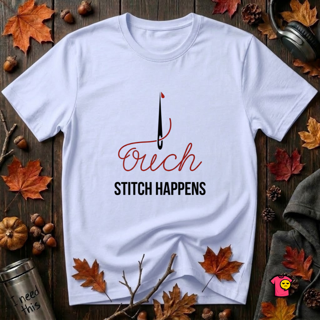 Stitch Happens sarcastic sewing graphic t-shirt in Ash by Snarky Sarks