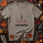 Stitch Happens sarcastic sewing graphic t-shirt in Asphalt by Snarky Sarks