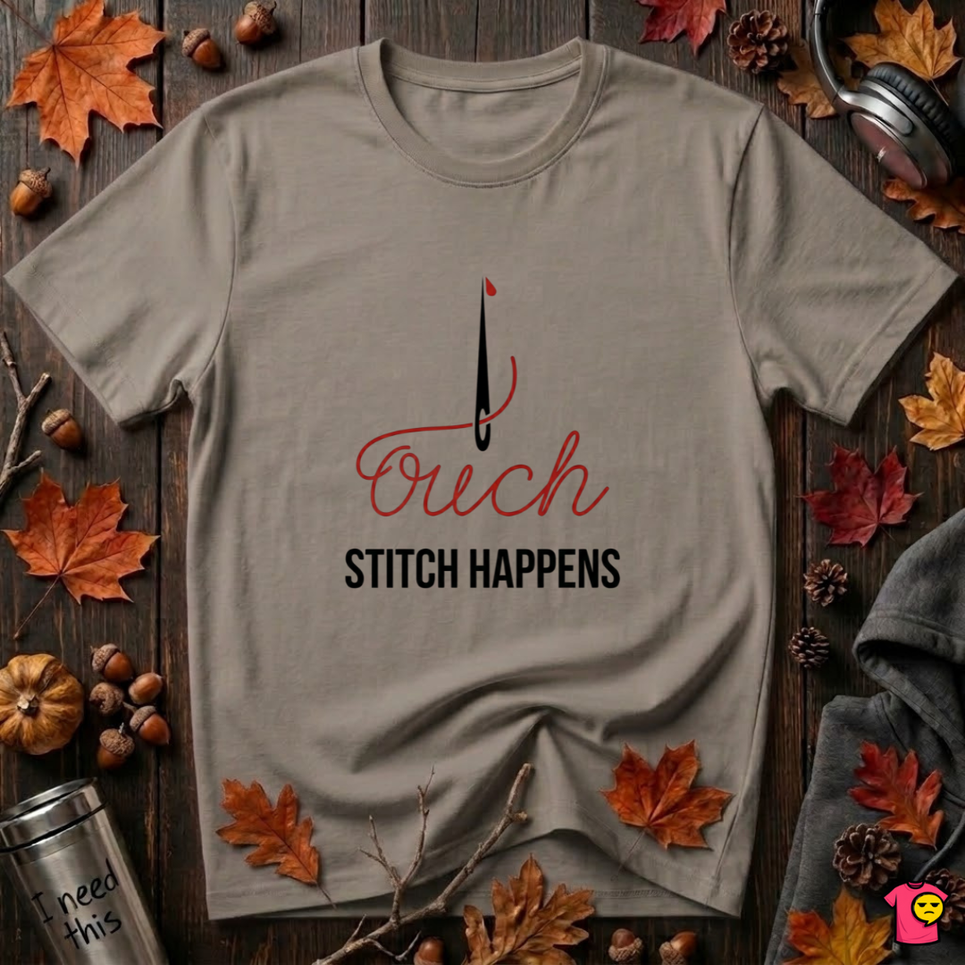 Stitch Happens sarcastic sewing graphic t-shirt in Asphalt by Snarky Sarks