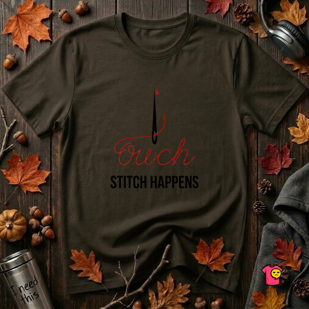 Stitch Happens sarcastic sewing graphic t-shirt in Black by Snarky Sarks