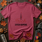 Stitch Happens sarcastic sewing graphic t-shirt in Cardinal by Snarky Sarks