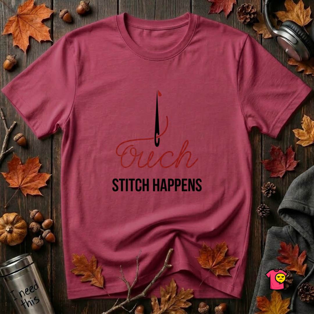 Stitch Happens sarcastic sewing graphic t-shirt in Cardinal by Snarky Sarks