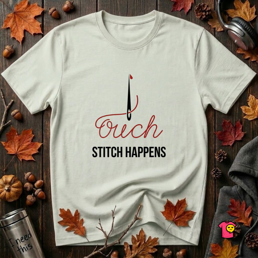 Stitch Happens sarcastic sewing graphic t-shirt in Citron by Snarky Sarks