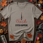 Stitch Happens sarcastic sewing graphic t-shirt in Deep Heather by Snarky Sarks