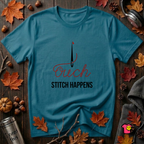 Stitch Happens sarcastic sewing graphic t-shirt in Deep Teal by Snarky Sarks