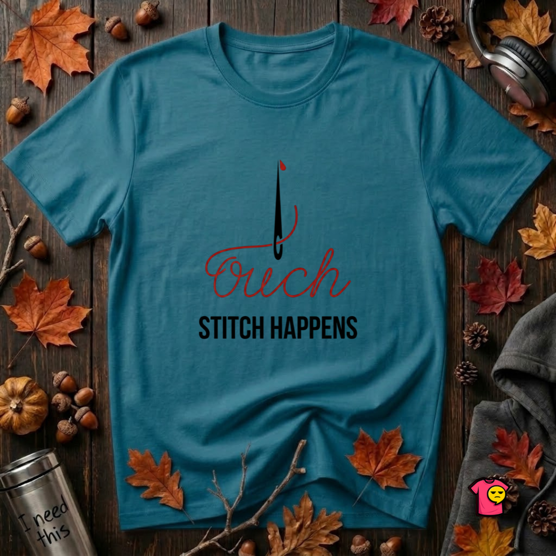 Stitch Happens sarcastic sewing graphic t-shirt in Deep Teal by Snarky Sarks