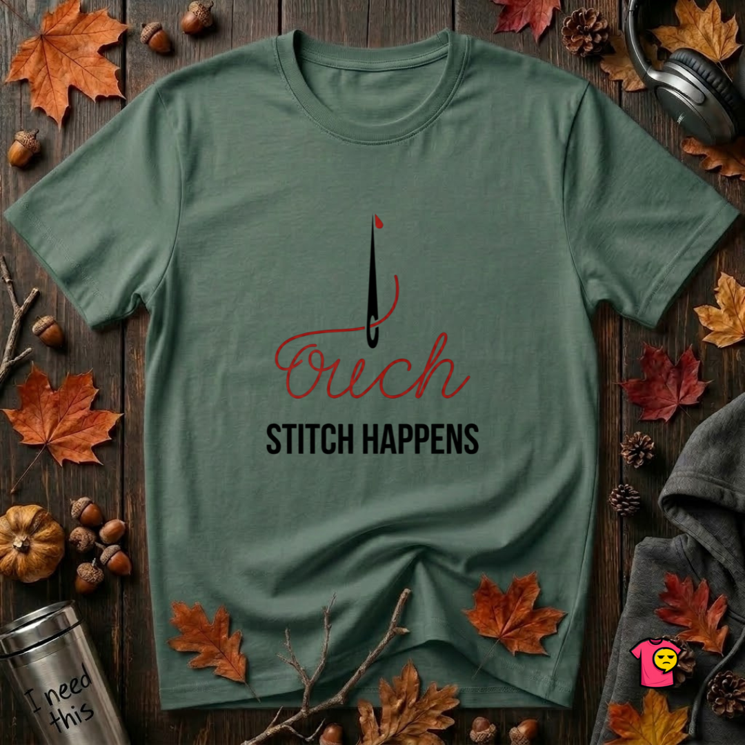 Stitch Happens sarcastic sewing graphic t-shirt in Heather Forest by Snarky Sarks