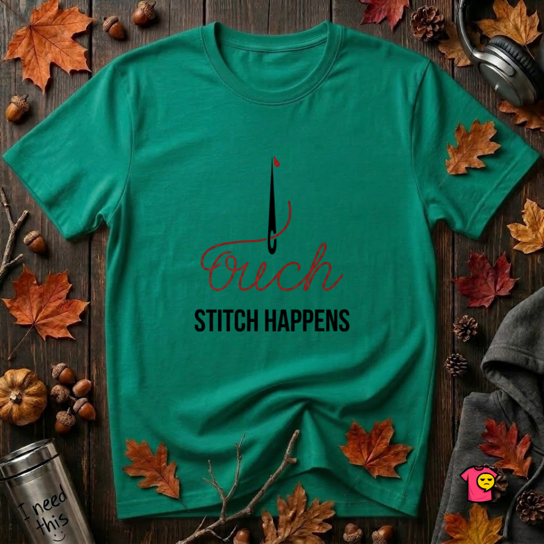 Stitch Happens sarcastic sewing graphic t-shirt in Heather Kelly by Snarky Sarks