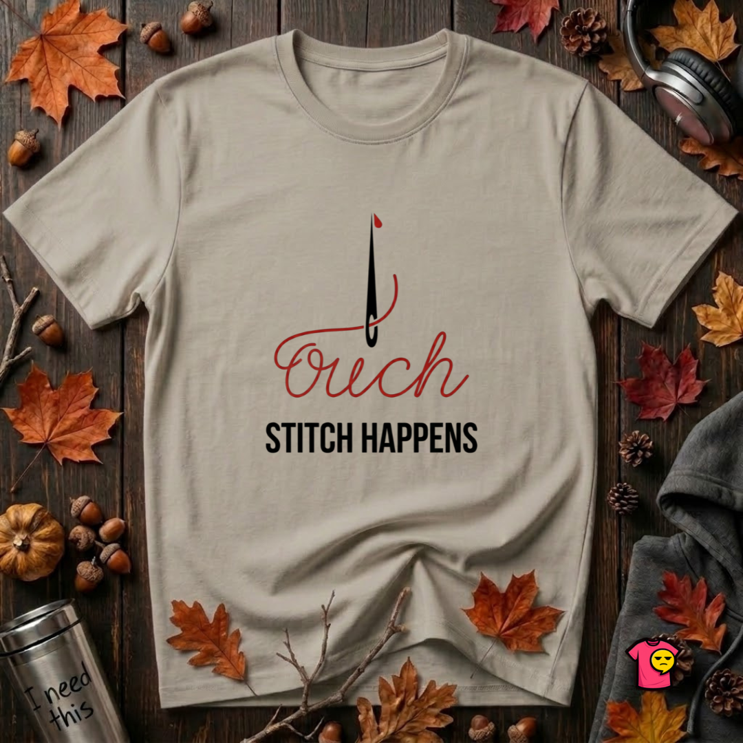 Stitch Happens sarcastic sewing graphic t-shirt in Heather Stone by Snarky Sarks