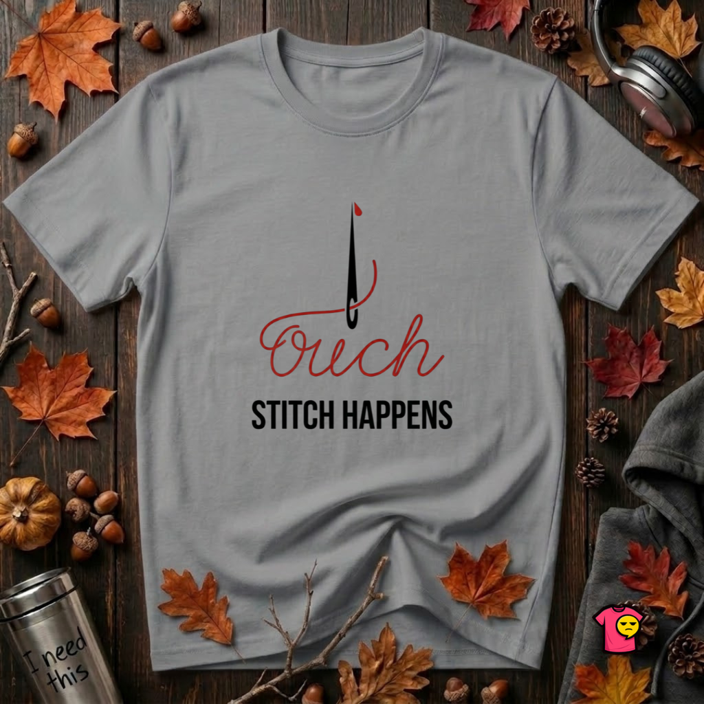 Stitch Happens sarcastic sewing graphic t-shirt in Heather Storm by Snarky Sarks