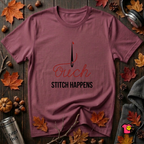 Stitch Happens sarcastic sewing graphic t-shirt in Maroon by Snarky Sarks