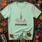 Stitch Happens sarcastic sewing graphic t-shirt in Mint by Snarky Sarks