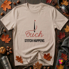 Stitch Happens sarcastic sewing graphic t-shirt in Natural by Snarky Sarks