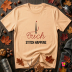 Stitch Happens sarcastic sewing graphic t-shirt in Peach by Snarky Sarks