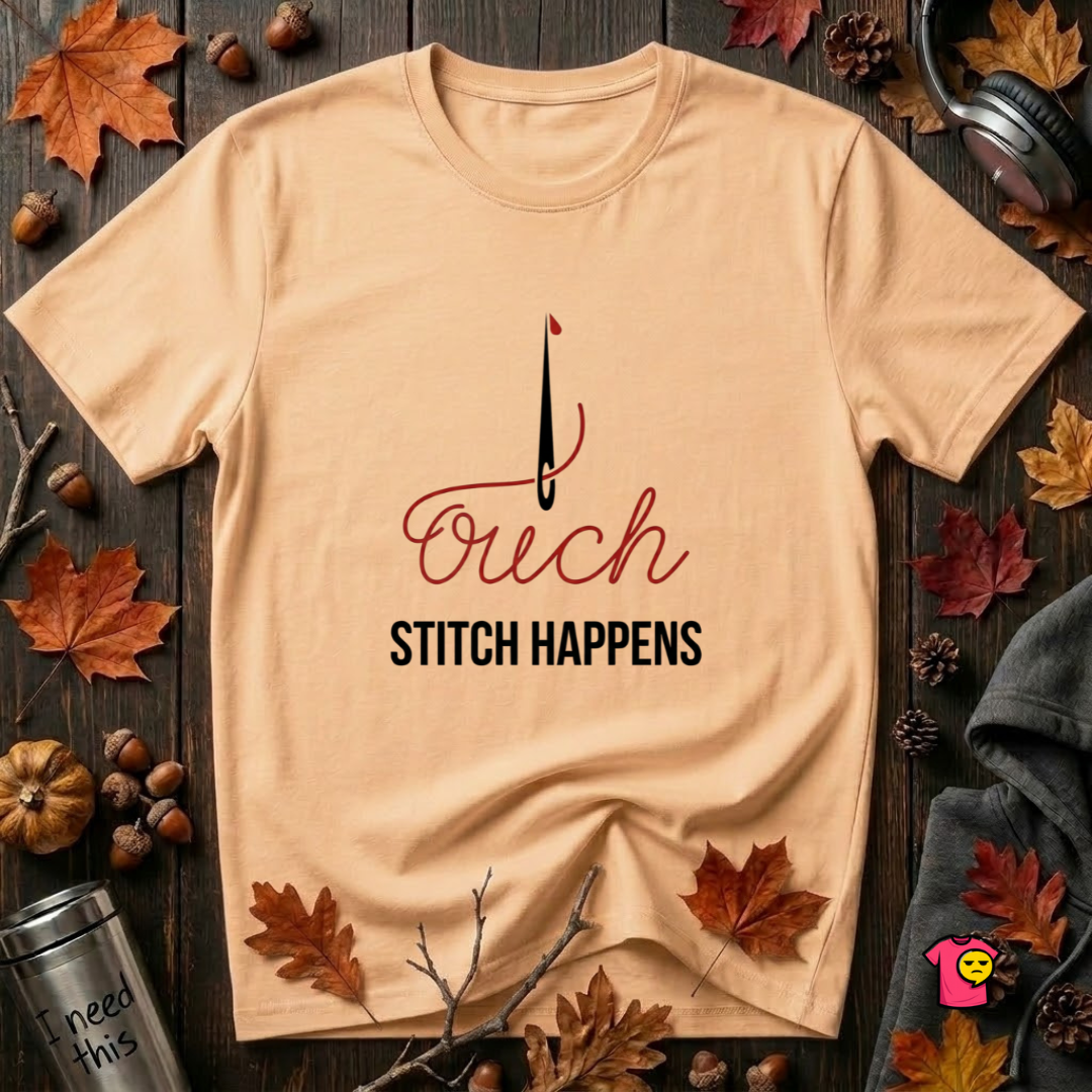 Stitch Happens sarcastic sewing graphic t-shirt in Peach by Snarky Sarks