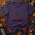 Stitch Happens sarcastic sewing graphic t-shirt in Purple by Snarky Sarks
