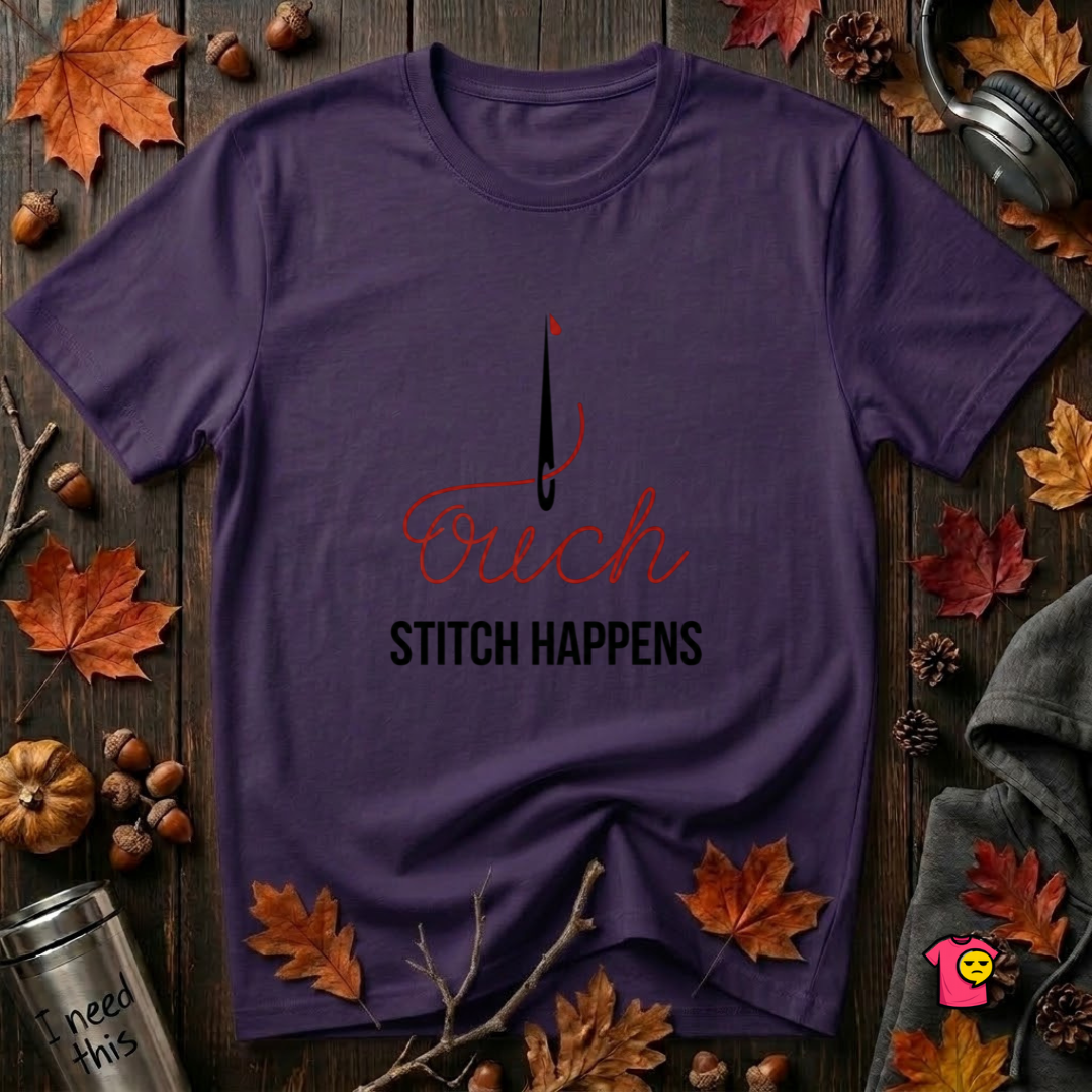 Stitch Happens sarcastic sewing graphic t-shirt in Purple by Snarky Sarks