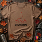 Stitch Happens sarcastic sewing graphic t-shirt in Sand Dune by Snarky Sarks