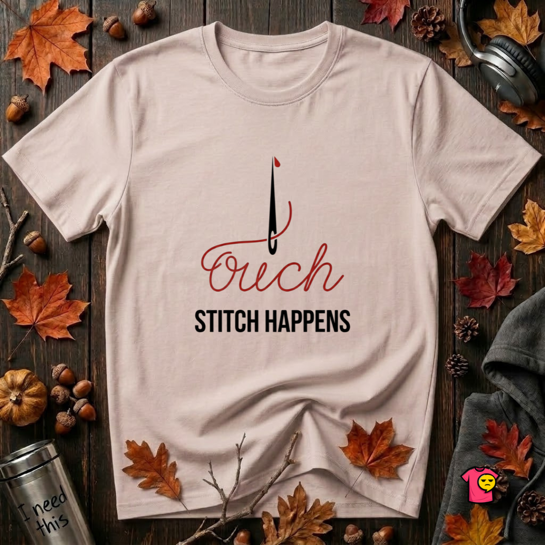 Stitch Happens sarcastic sewing graphic t-shirt in Soft Pink by Snarky Sarks