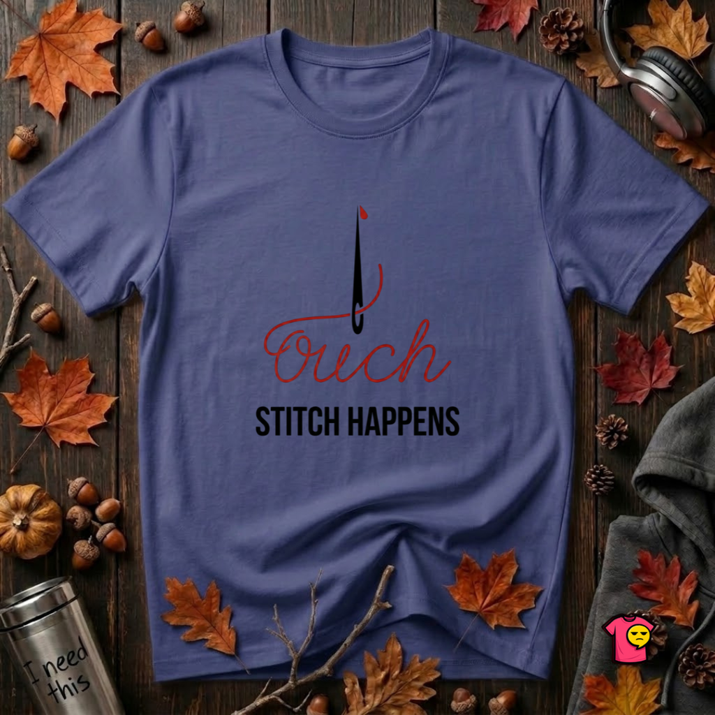 Stitch Happens sarcastic sewing graphic t-shirt in Team Navy by Snarky Sarks