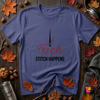 Stitch Happens sarcastic sewing graphic t-shirt in Team Navy by Snarky Sarks