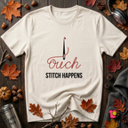 Stitch Happens sarcastic sewing graphic t-shirt in White by Snarky Sarks