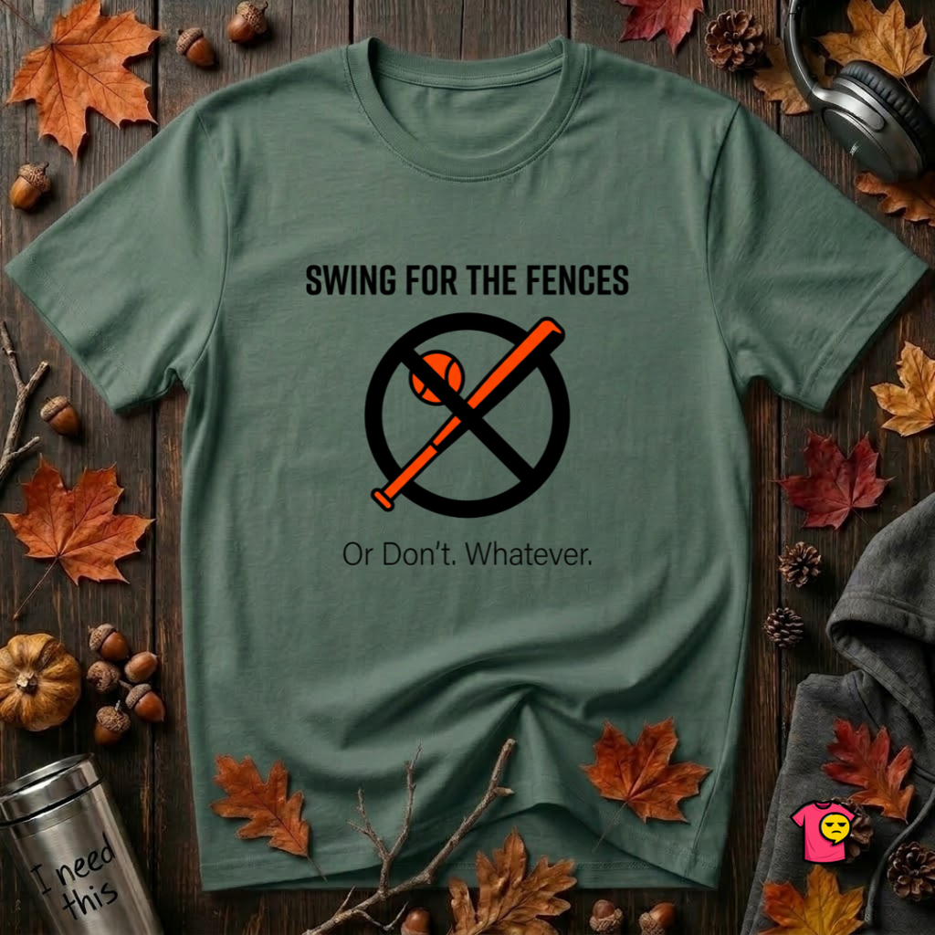Swing for the Fences....or Don't. Whatever. baseball t-shirt in Heather Forest by Snarky Sarks