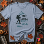 Take a Hike...People Suck sarcastic hiking graphic t-shirt in Heather Prism Blue by Snarky Sarks