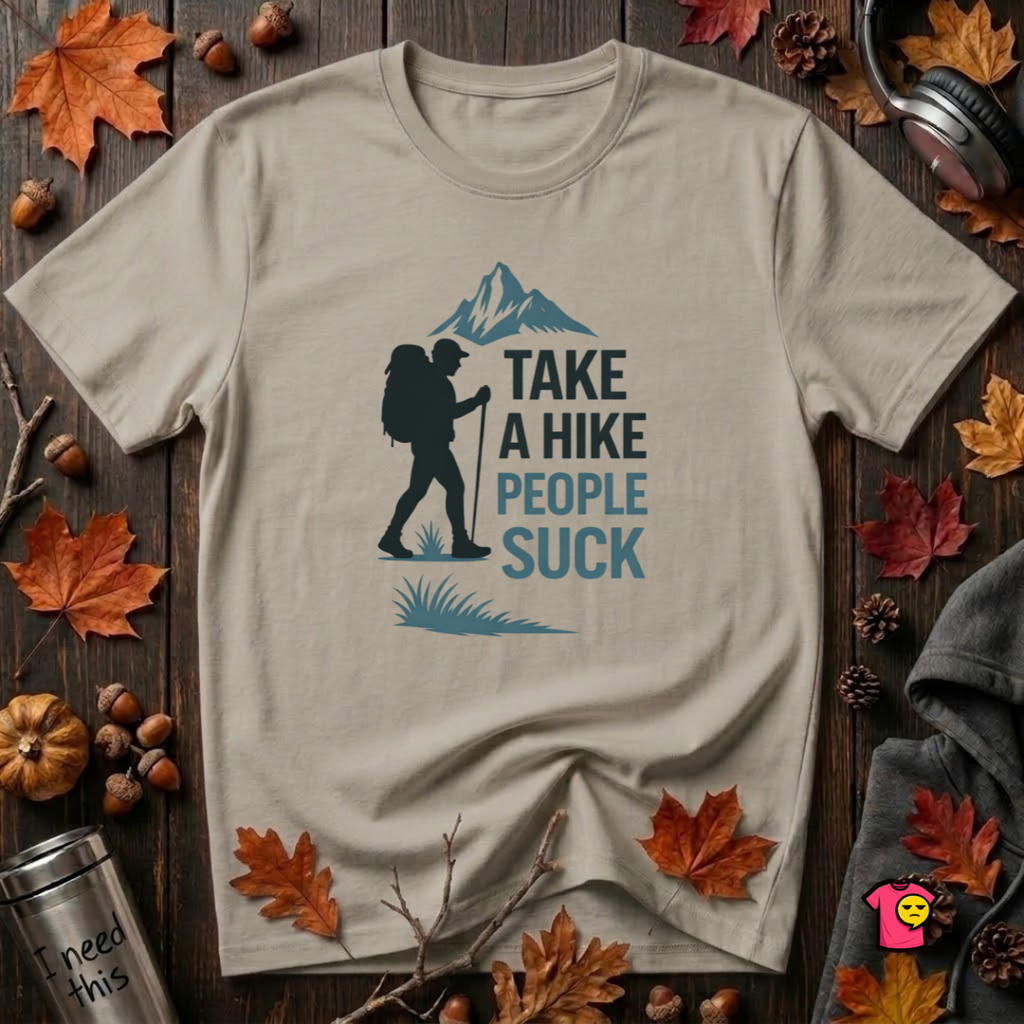 Take a Hike...People Suck sarcastic hiking graphic t-shirt in Heather Stone by Snarky Sarks