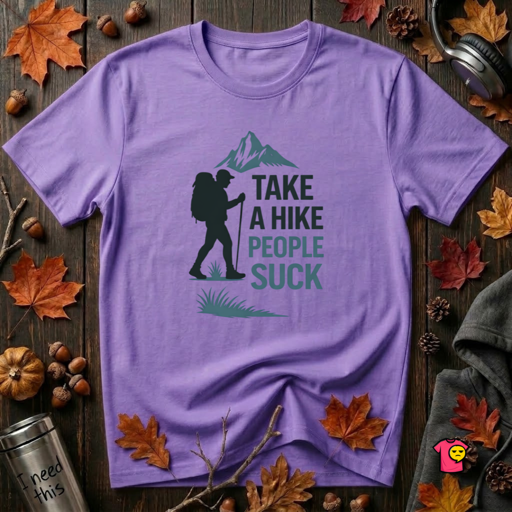Take a Hike...People Suck sarcastic hiking graphic t-shirt in Heather Team Purple by Snarky Sarks