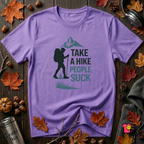 Take a Hike...People Suck sarcastic hiking graphic t-shirt in Heather Team Purple by Snarky Sarks